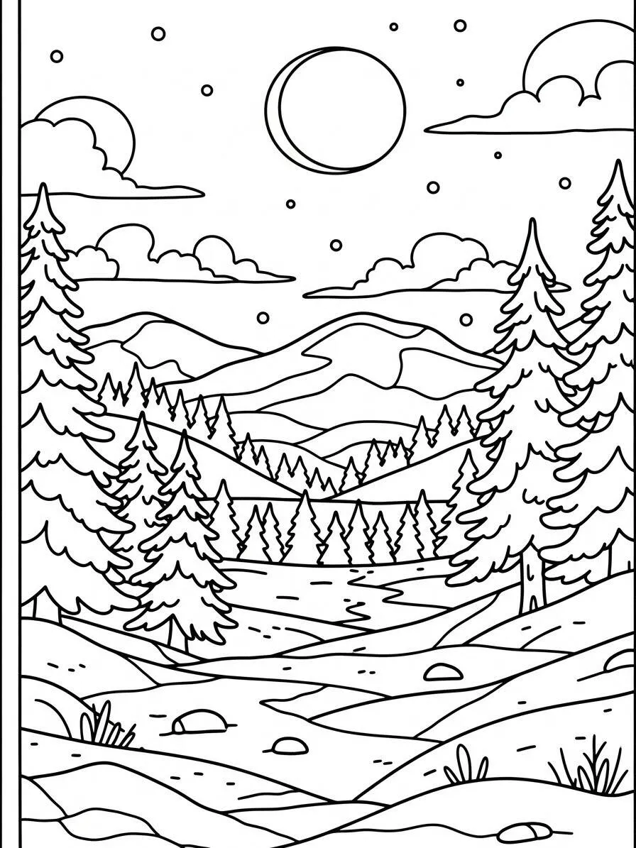 Desenho de Inverno com Paisagem Neve para Colorir