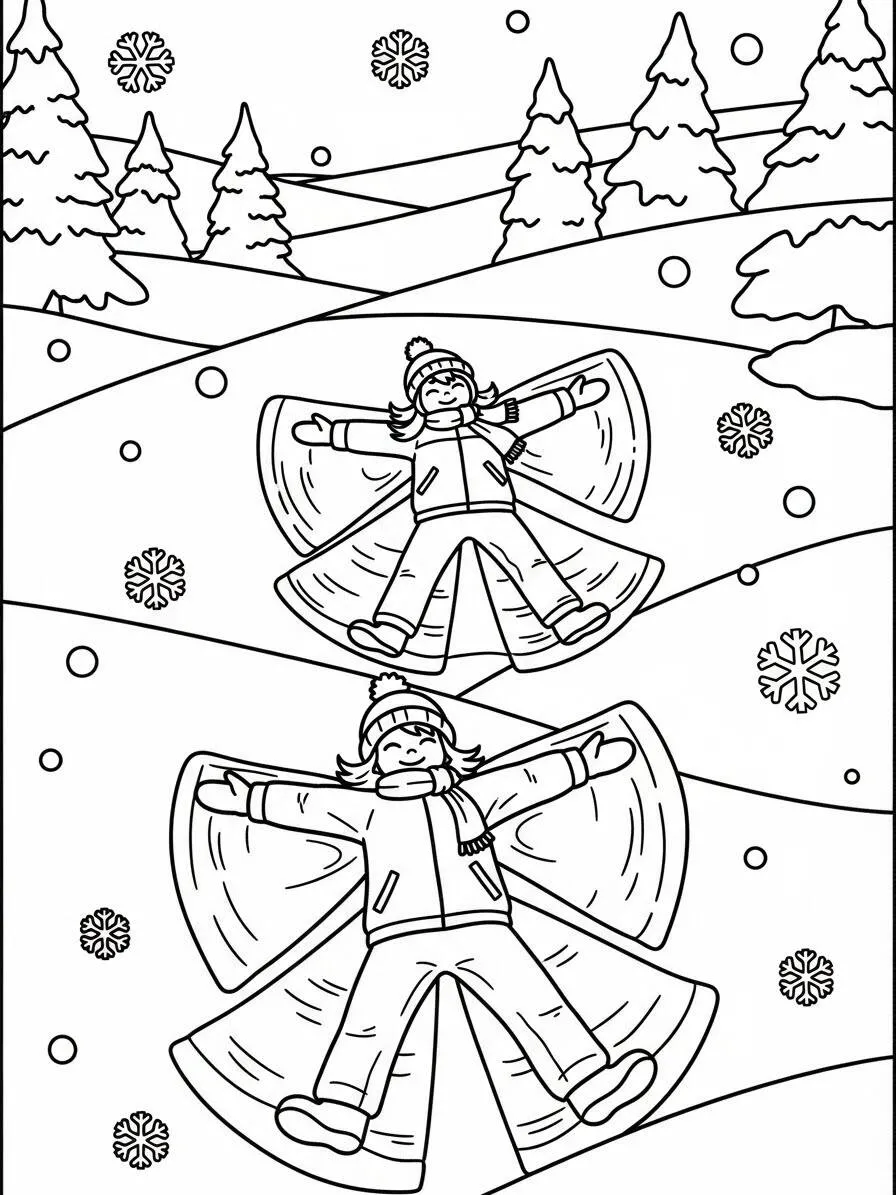 Desenho de Inverno com Crianças Fazendo Anjos na Neve para Colorir