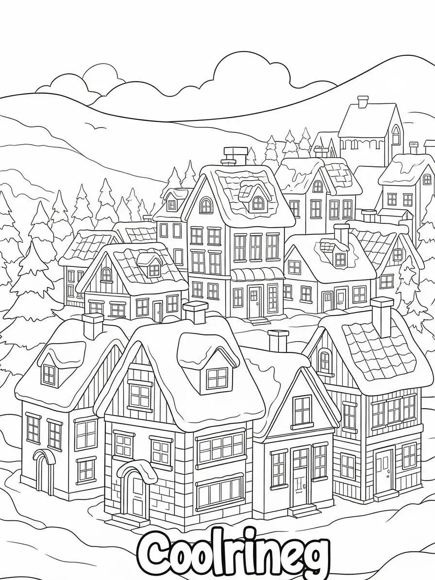 Desenho de Inverno com Casas na Neve para Colorir