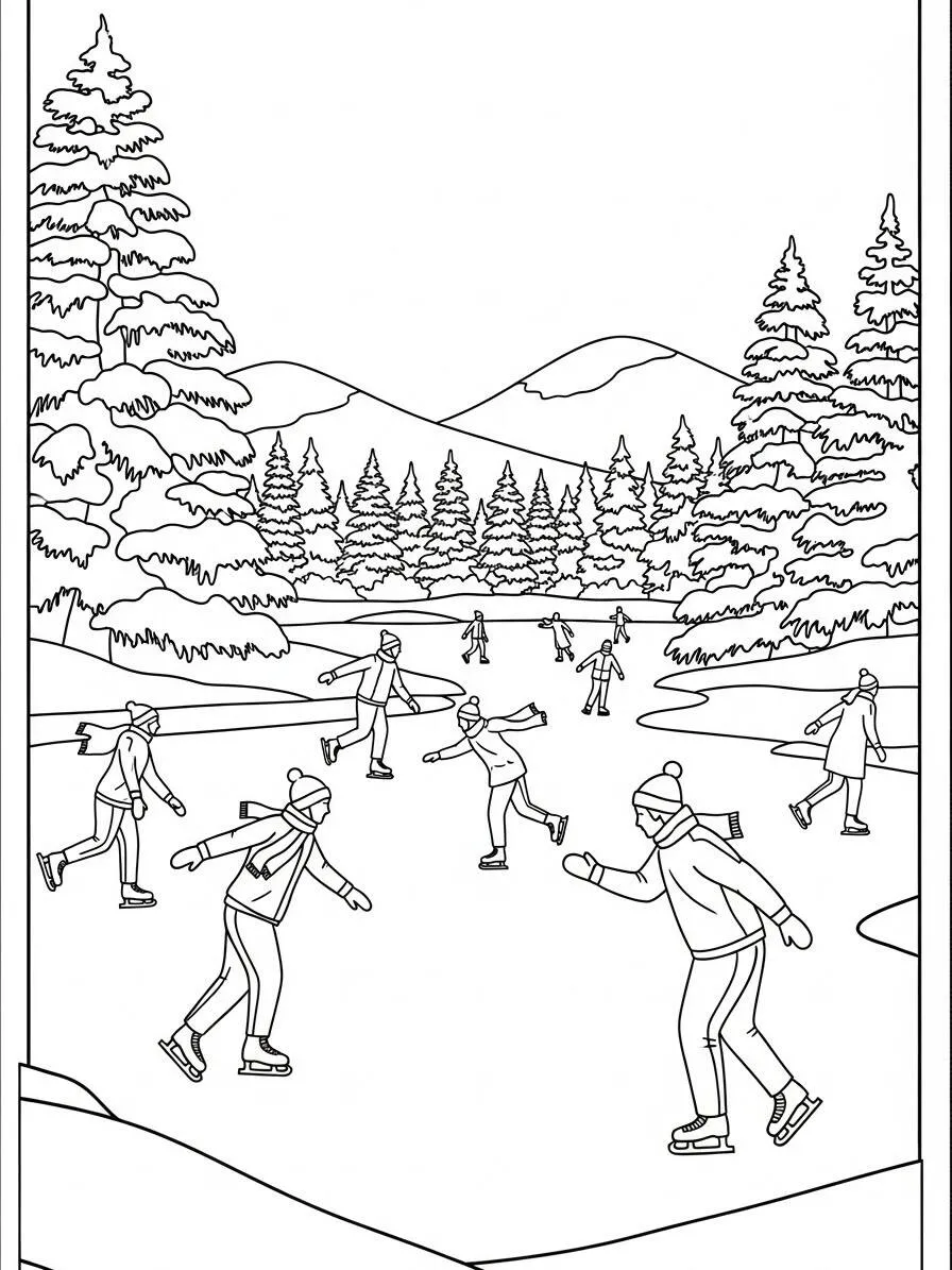 Desenho de Inverno com Patinadores no Gelo para Colorir