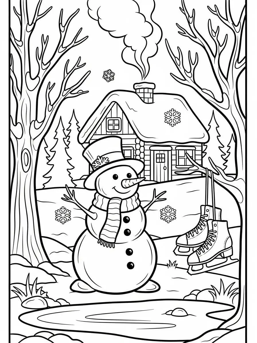 Desenho de Inverno com Boneco de Neve e Patins para Colorir