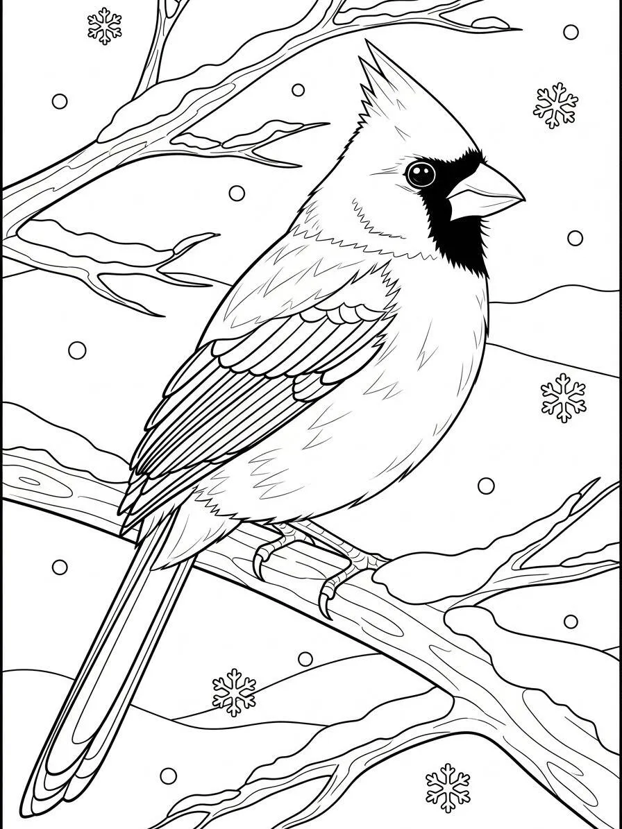 Desenho de Inverno com Pássaro Cardeal para Colorir
