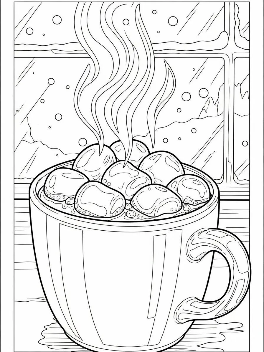 Desenho de Inverno com Caneca de Chocolate Quente para Colorir