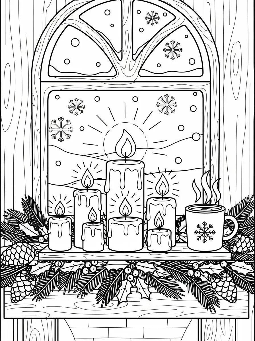 Desenho de Inverno com Velas e Caneca Quente para Colorir