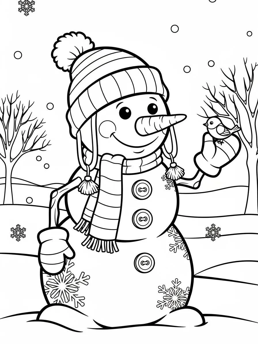 Desenho de Inverno com Boneco de Neve e Pássaro para Colorir