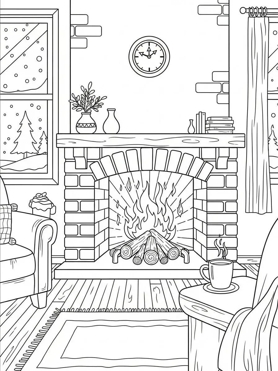 Desenho de Inverno com Lareira Aconchegante para Colorir
