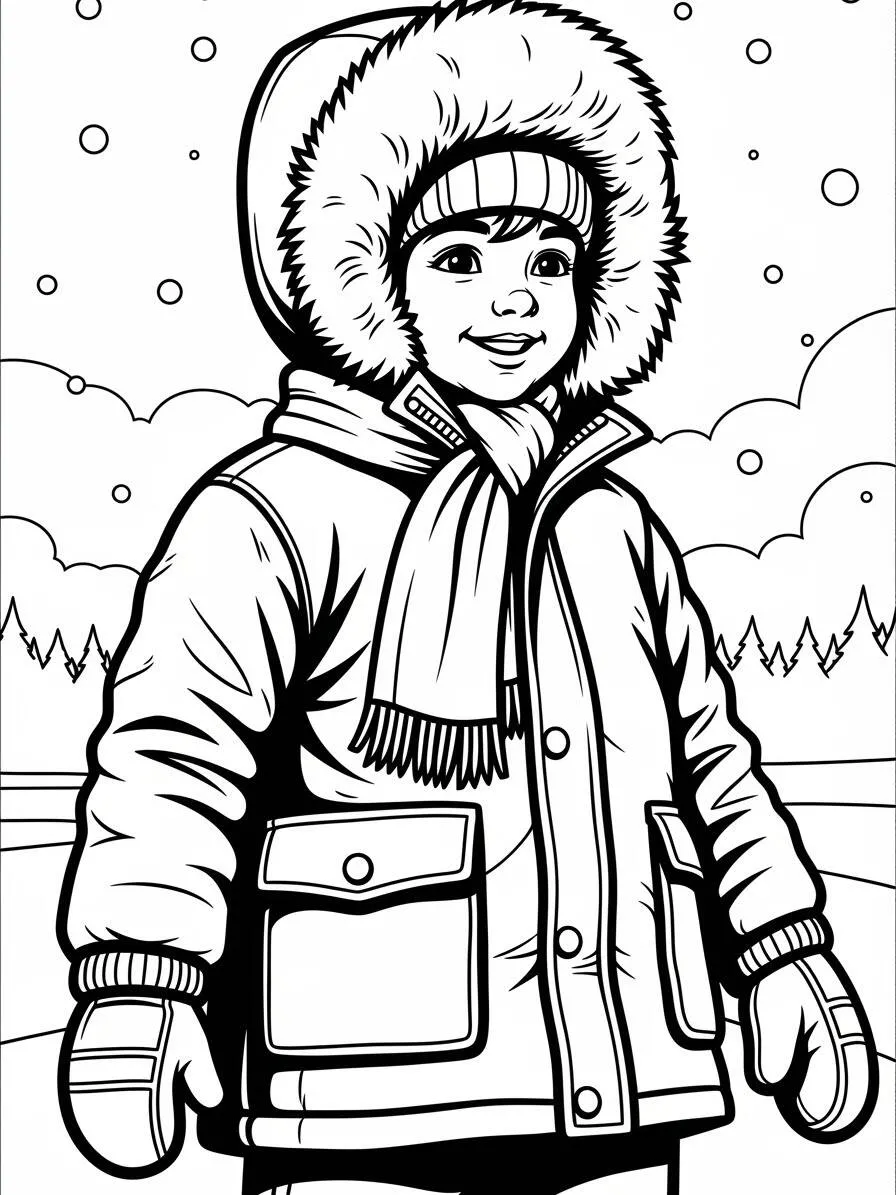 Desenho de Inverno com Criança Vestida para Colorir