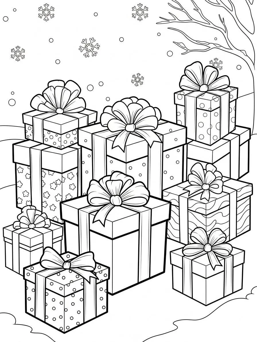 Desenho de Inverno com Presentes para Colorir