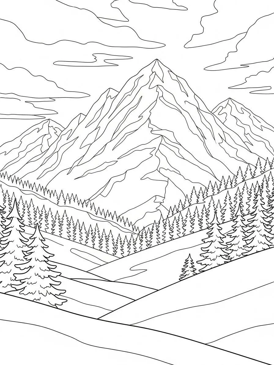 Desenho de Inverno com Montanhas e Pinheiros para Colorir