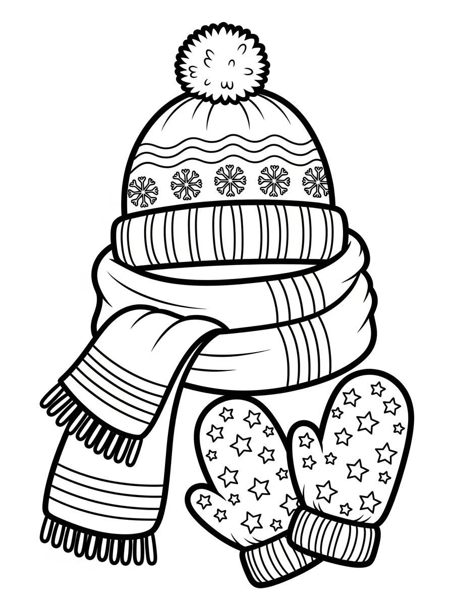 Desenho de Inverno com Gorro, Cachecol e Luvas para Colorir