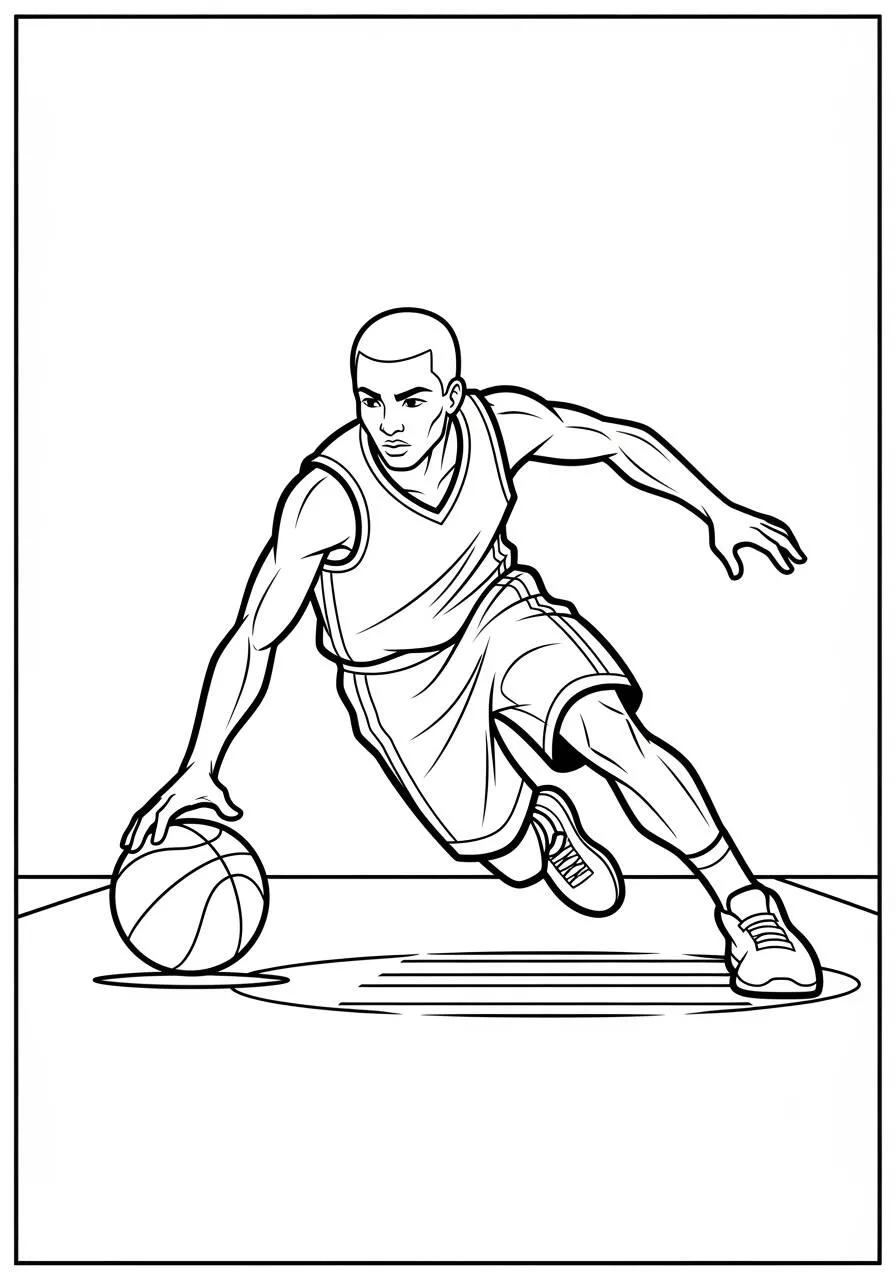 Dibujo para colorear de baloncesto con un hombre regateando la pelota