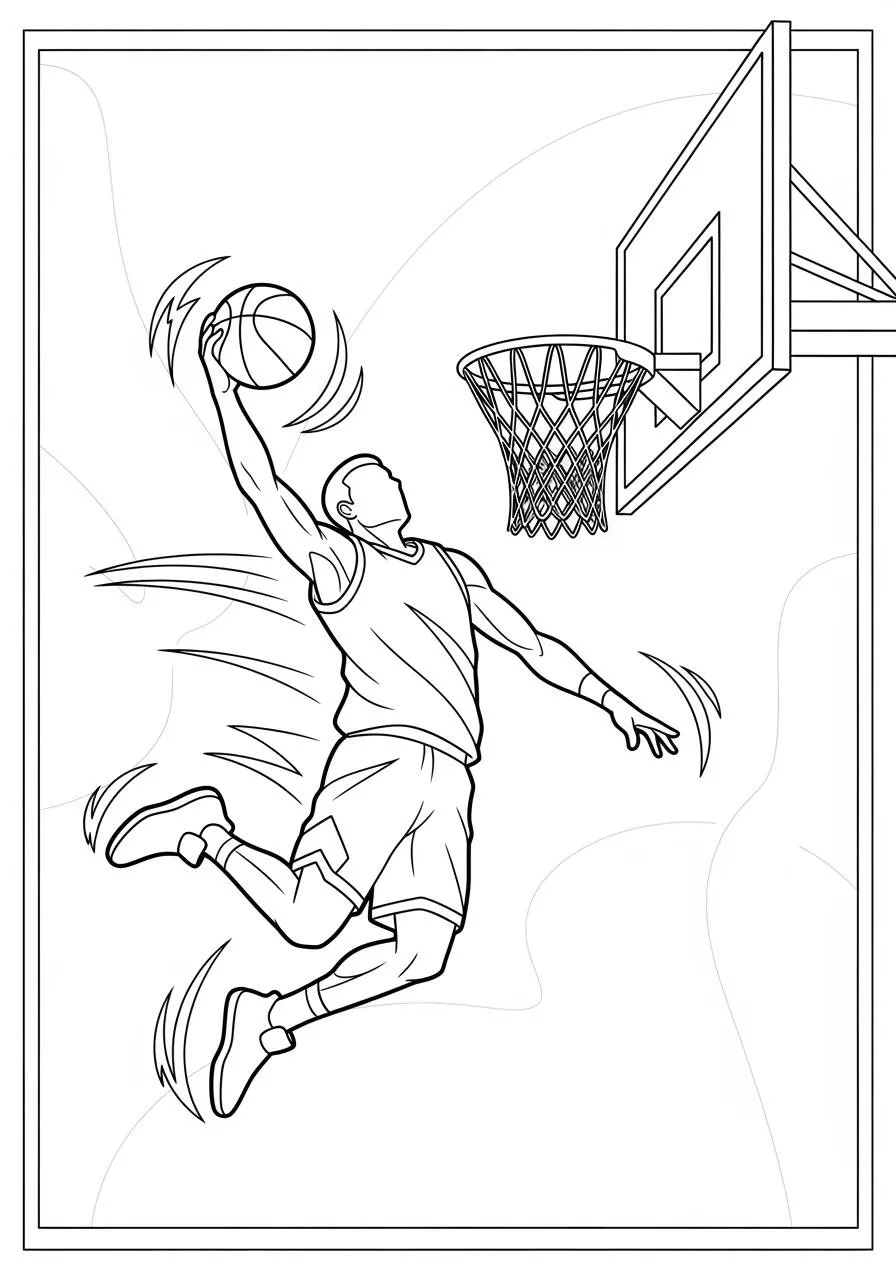 Dibujo para colorear de baloncesto con jugador haciendo mates