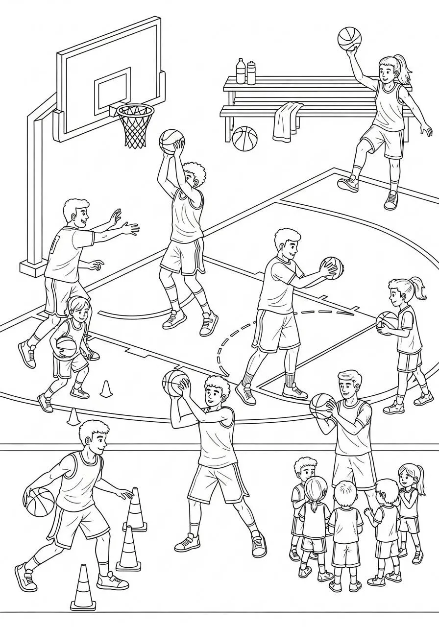 Dibujo para colorear de baloncesto con niños y adultos jugando