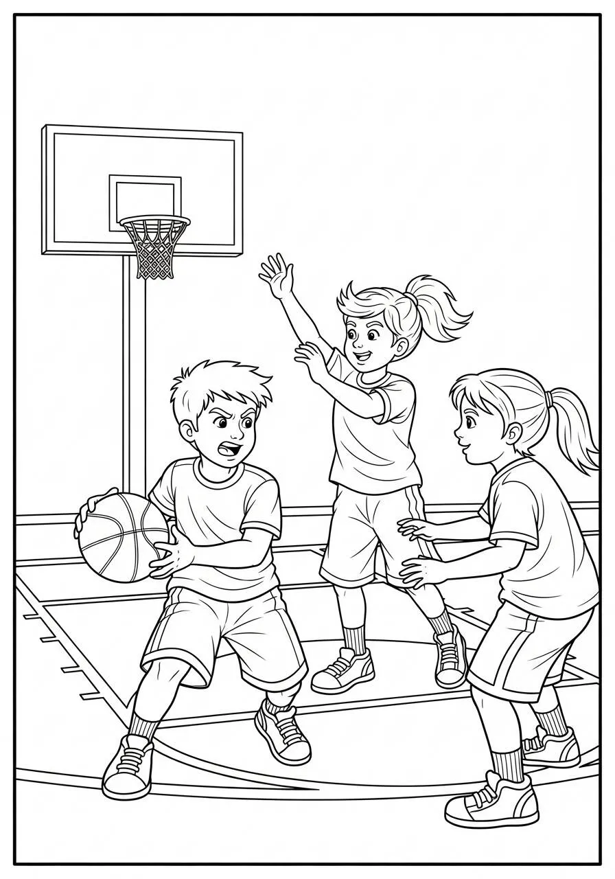 Coloriage de basket-ball avec des enfants qui jouent