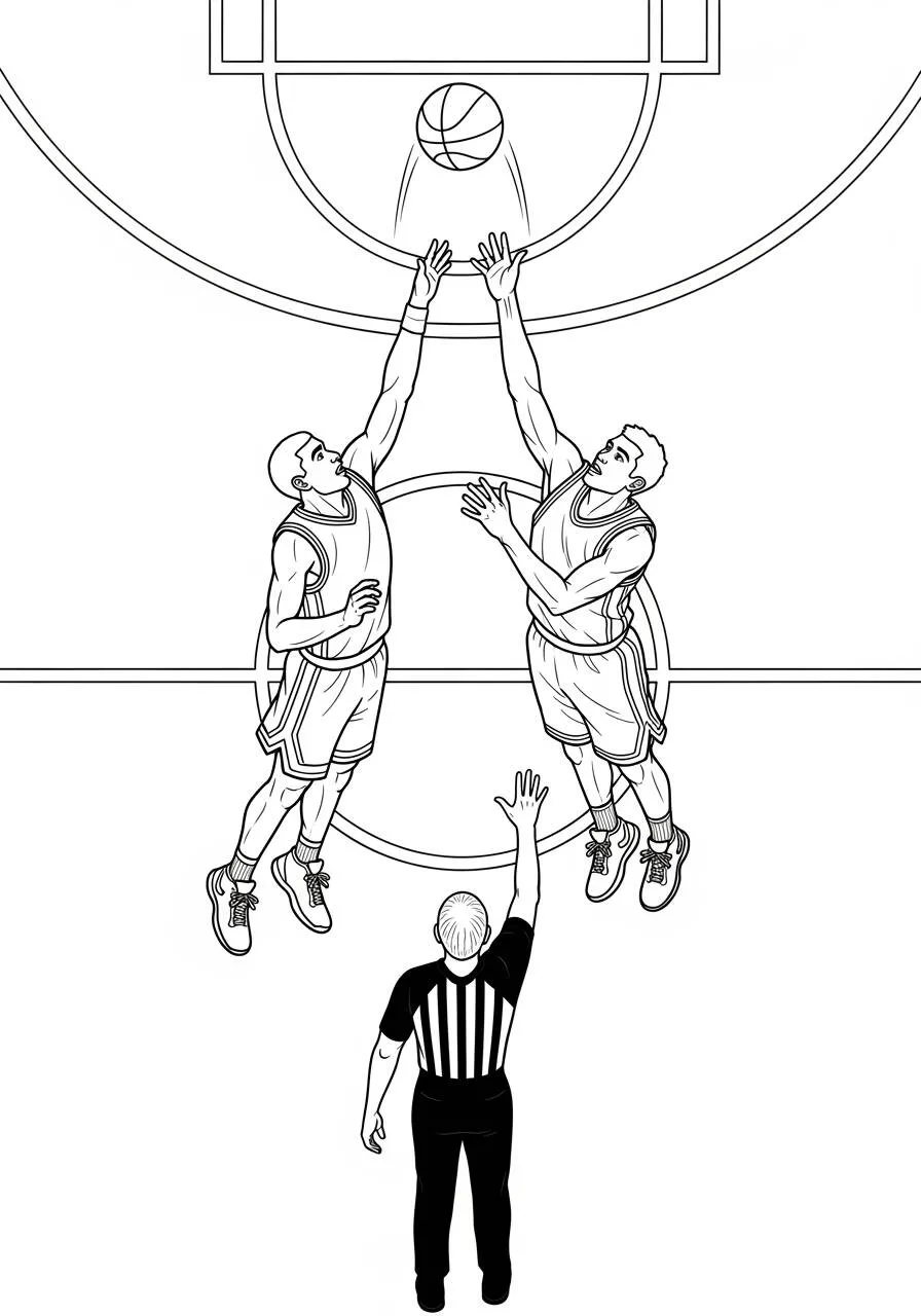 Pagina da colorare di basket con giocatori in azione
