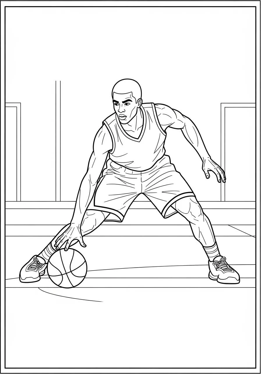 Pagina da colorare di basket con giocatore che dribbla