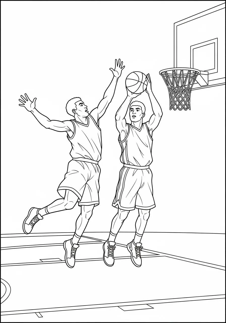 Dibujo para colorear de baloncesto con jugadores en acción