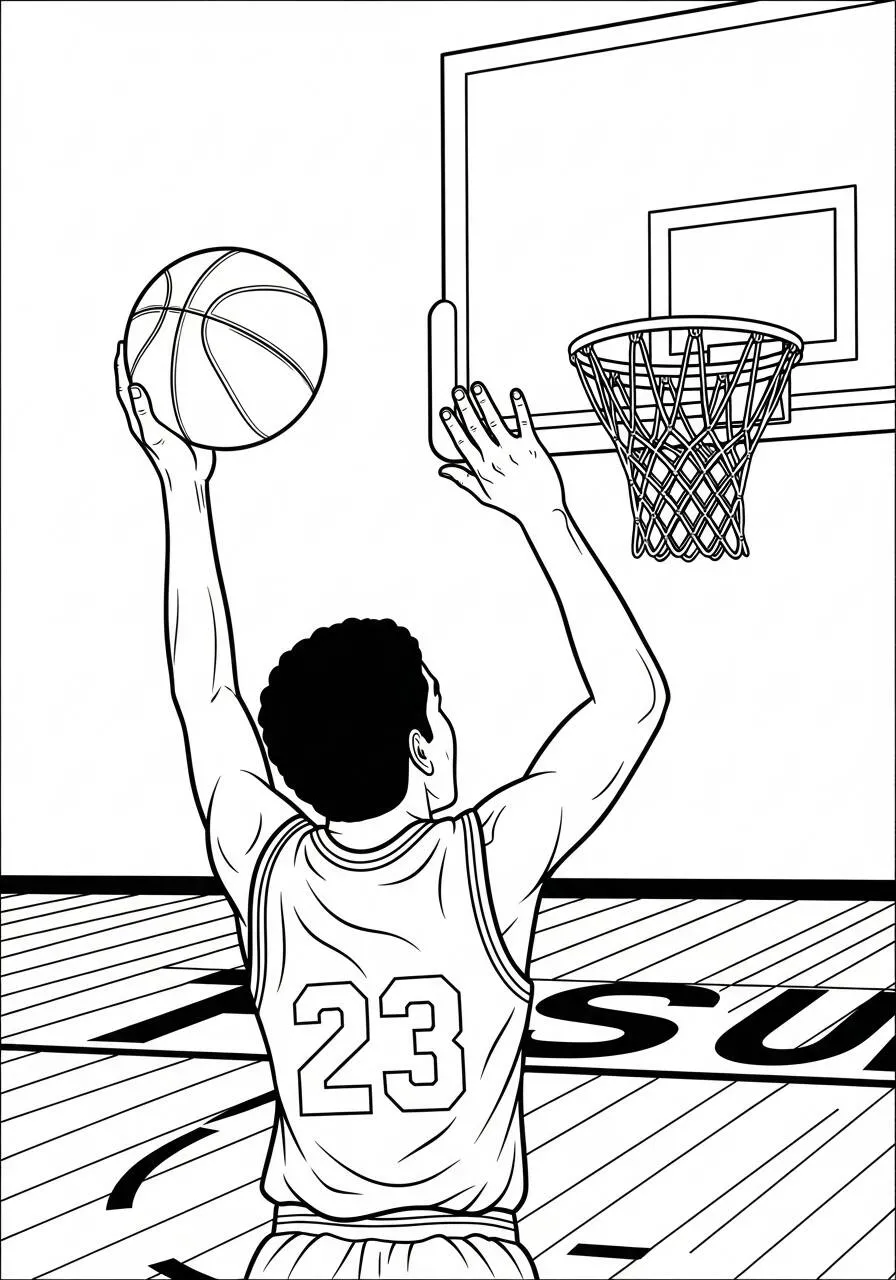 Dibujo para colorear de baloncesto con jugador disparando