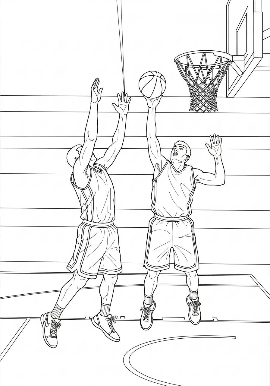 Dibujo para colorear de baloncesto con jugadores en acción