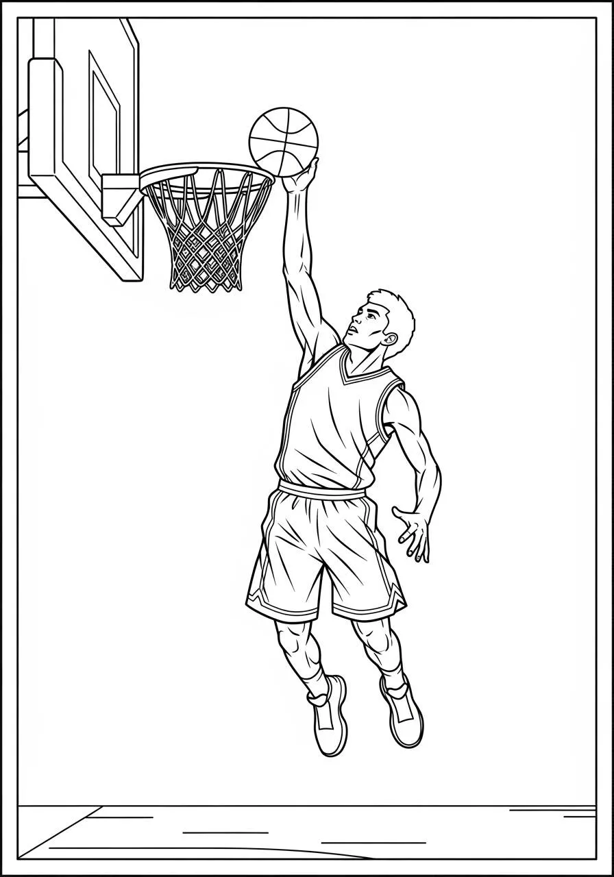 Dibujo para colorear de baloncesto con jugador haciendo mates