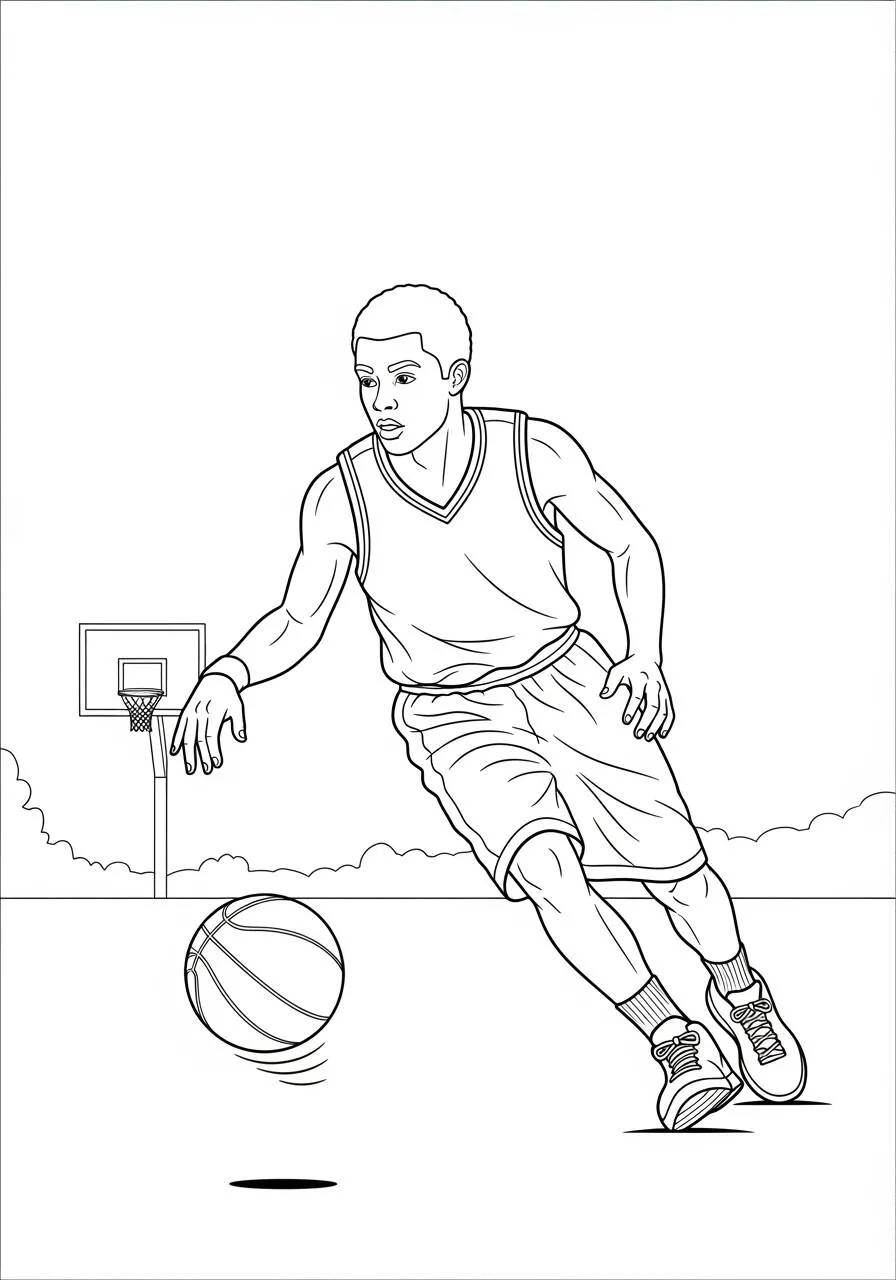 Dibujo para colorear de baloncesto con un niño regateando la pelota