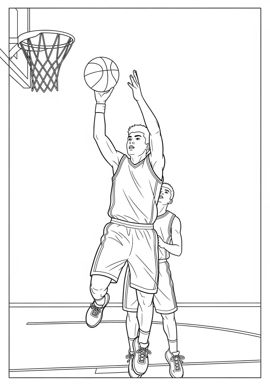 Dibujo para colorear de baloncesto con jugador disparando