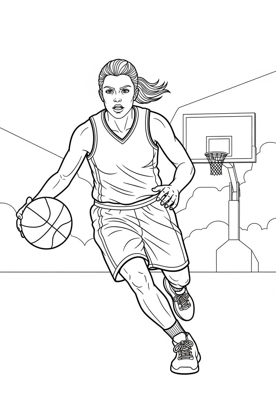 Dibujo para colorear de baloncesto con mujer jugando