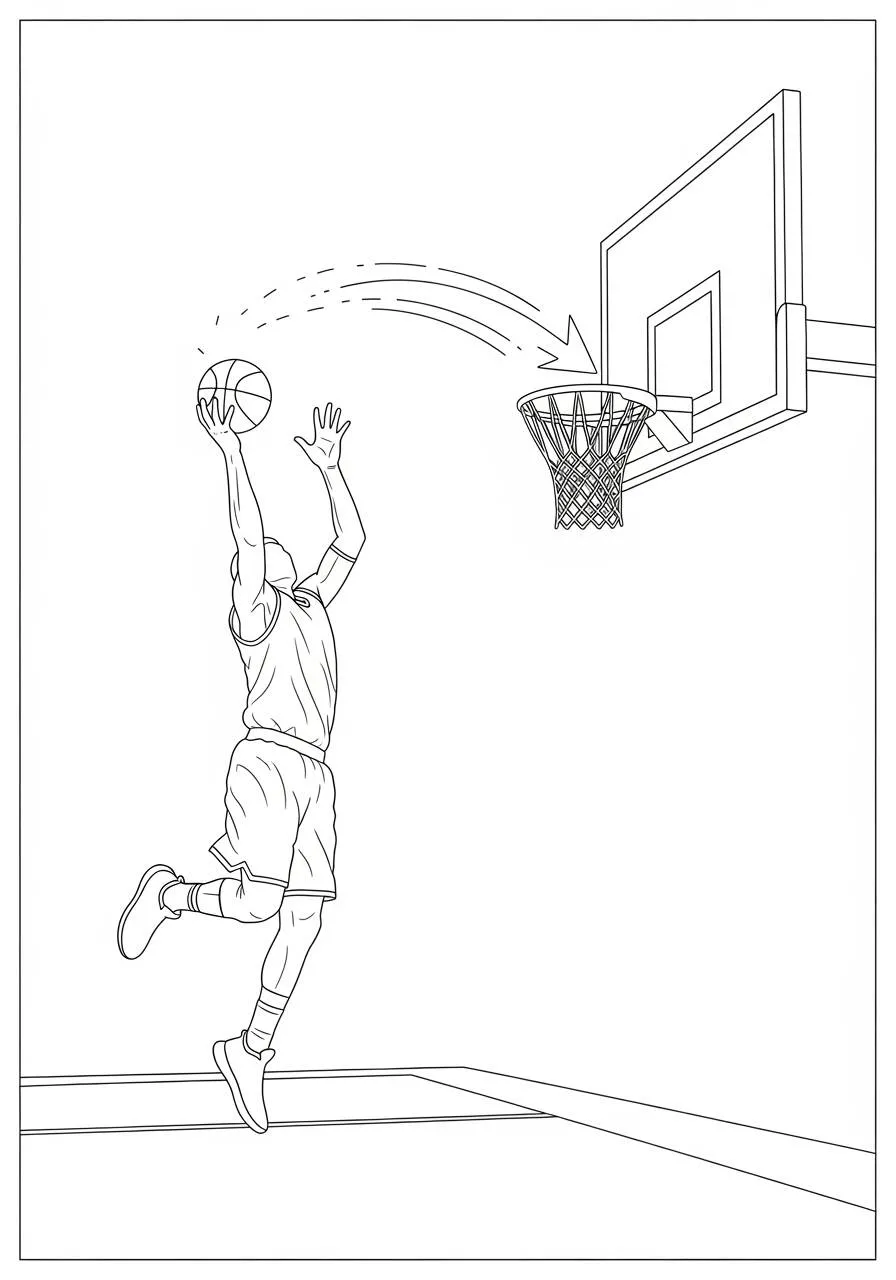 Dibujo para colorear de baloncesto con jugador haciendo mates
