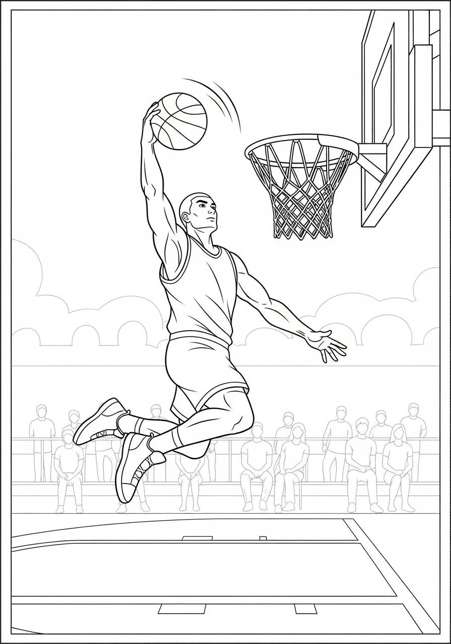 Dibujo para colorear de baloncesto con jugador haciendo mates