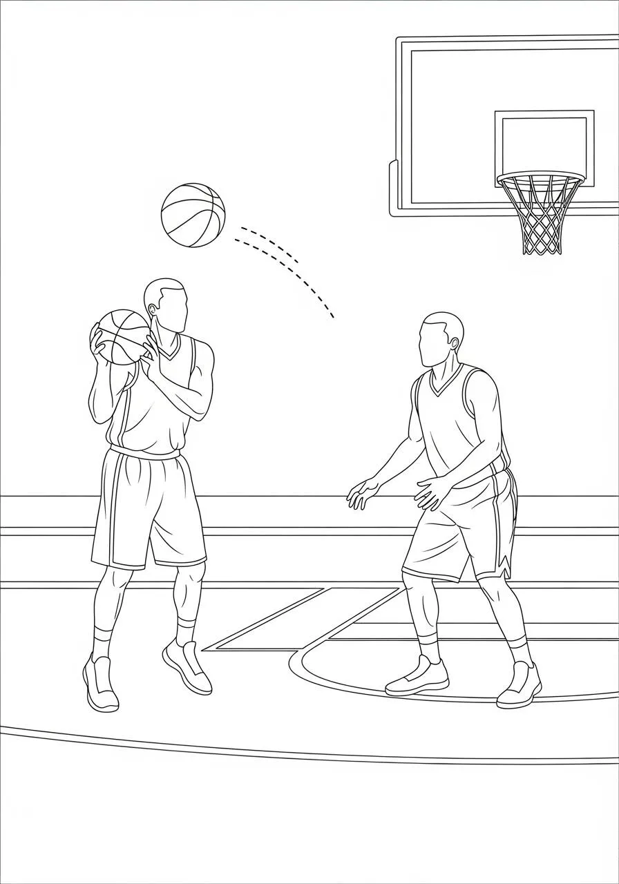Página para colorear de baloncesto con jugadores pasándose la pelota