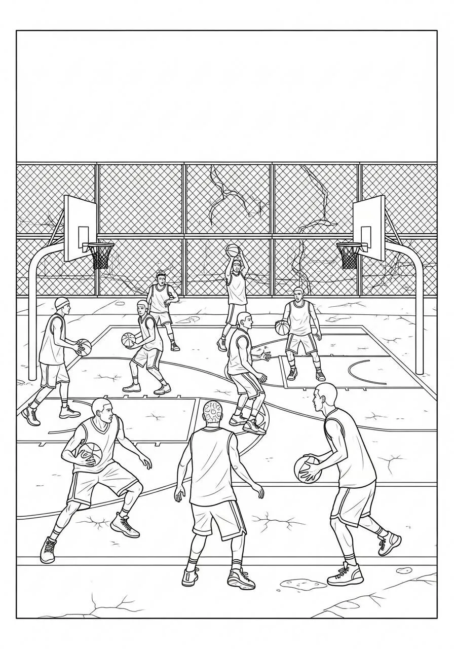 Dibujo para colorear de baloncesto con jugadores en acción