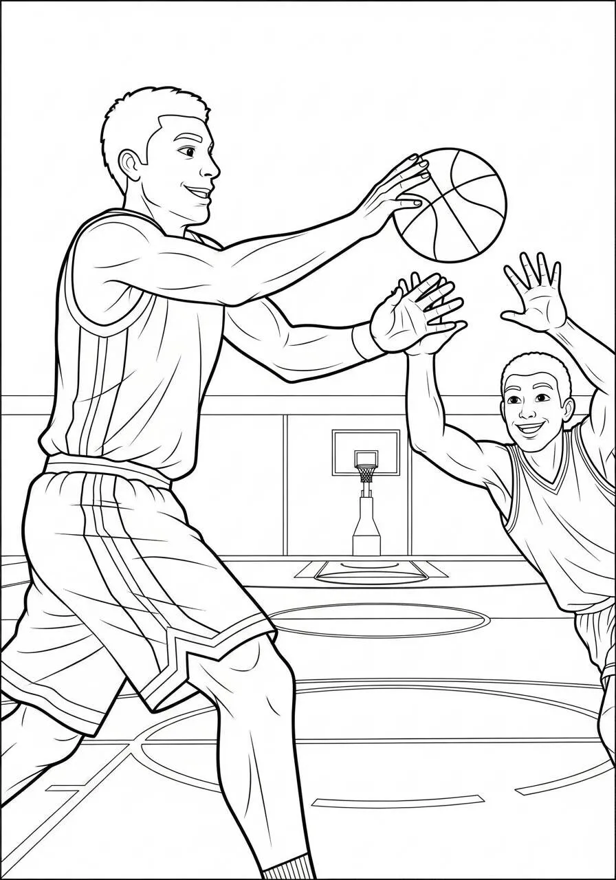 Dibujo para colorear de baloncesto con jugador pasando la pelota
