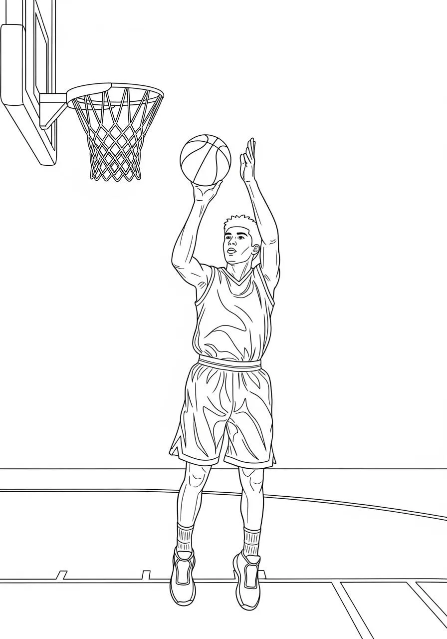Dibujo para colorear de baloncesto con jugador disparando