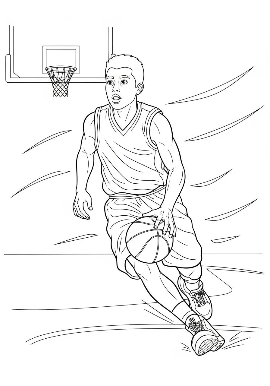 Página para colorear de baloncesto con niño regateando