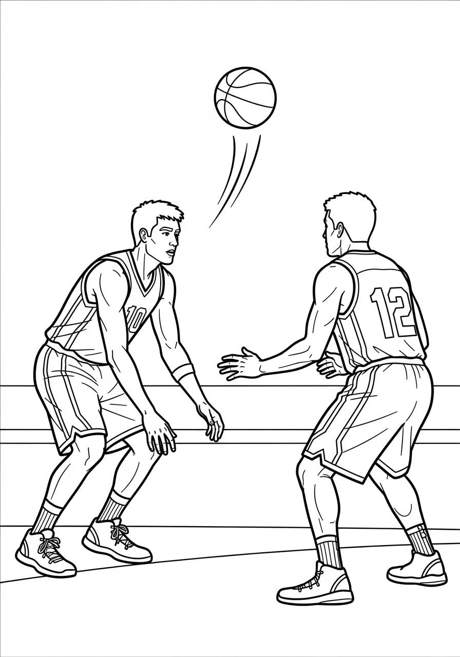 Coloriage de basket-ball avec deux joueurs qui se passent le ballon