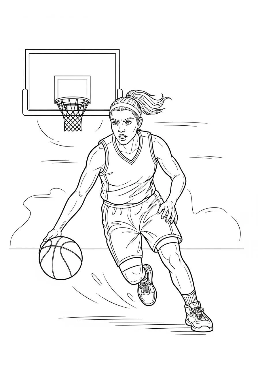 Coloriage de basket-ball avec une femme qui dribble