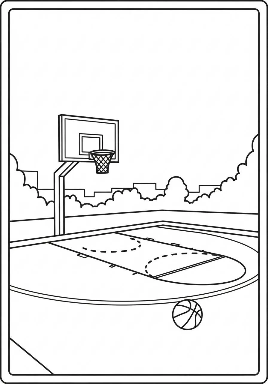 Dibujo de basquetbol con cancha y pelota para colorear
