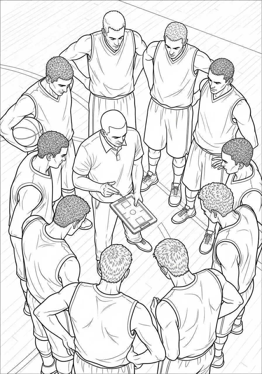 Página para colorear de baloncesto con entrenador y jugadores