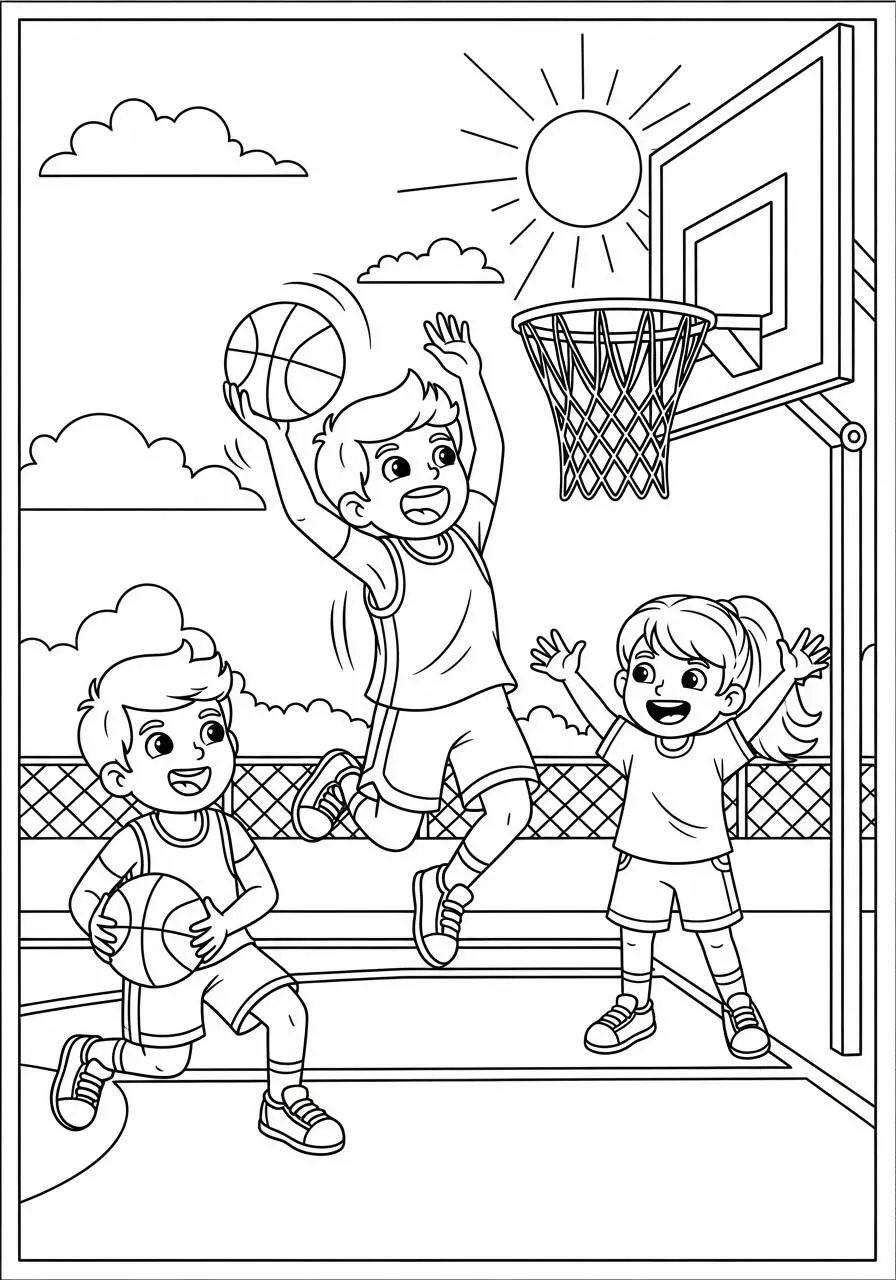 Página para colorear de baloncesto con niños jugando