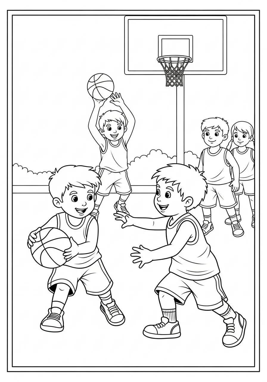 Página para colorear de baloncesto con niños jugando