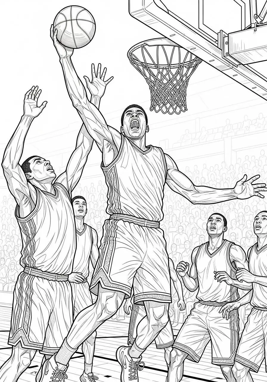Dibujo de baloncesto con jugador haciendo un mate para colorear