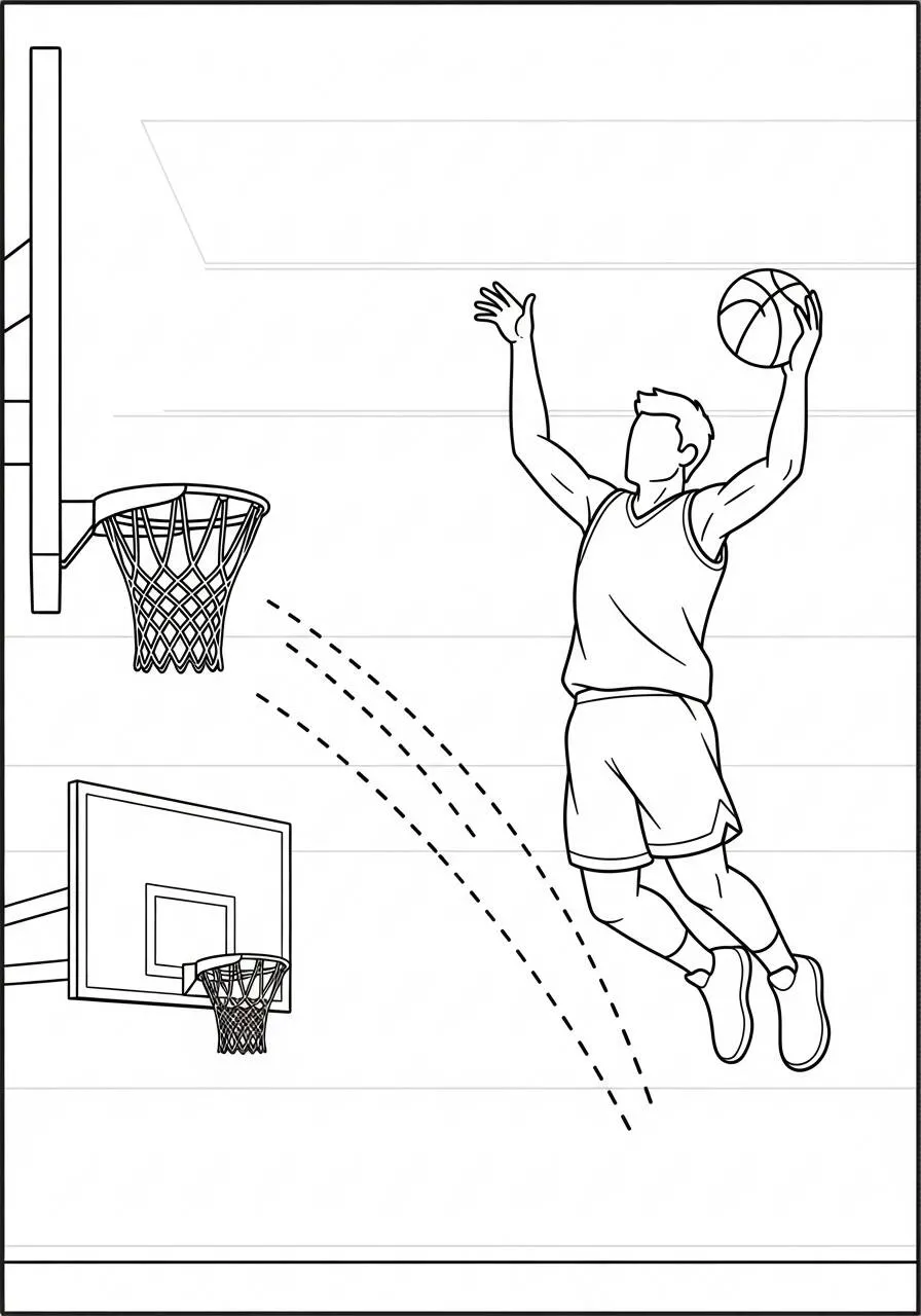 Dibujo para colorear de baloncesto con jugador haciendo mates