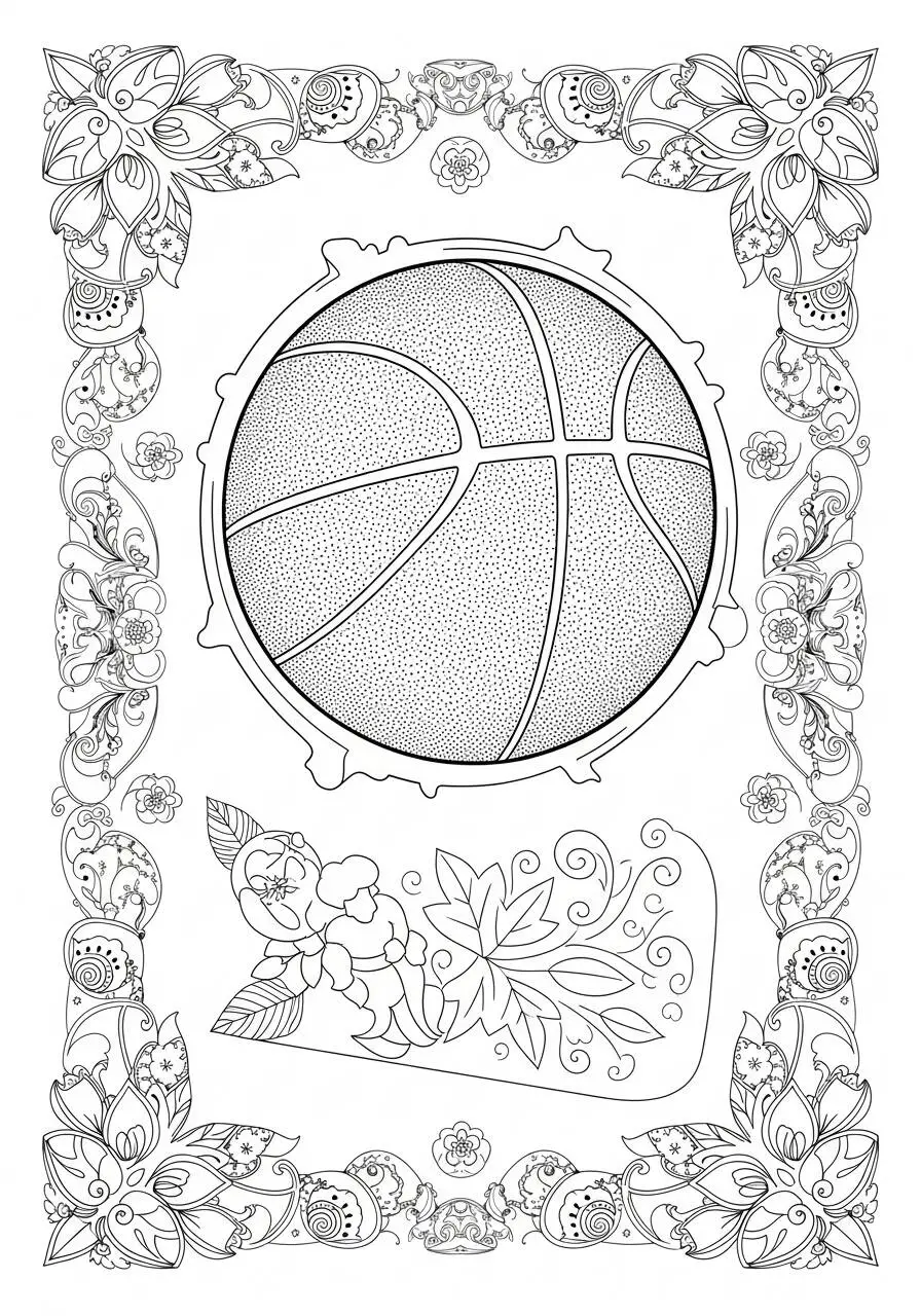 Dibujo de basquetbol con pelota y flores para colorear