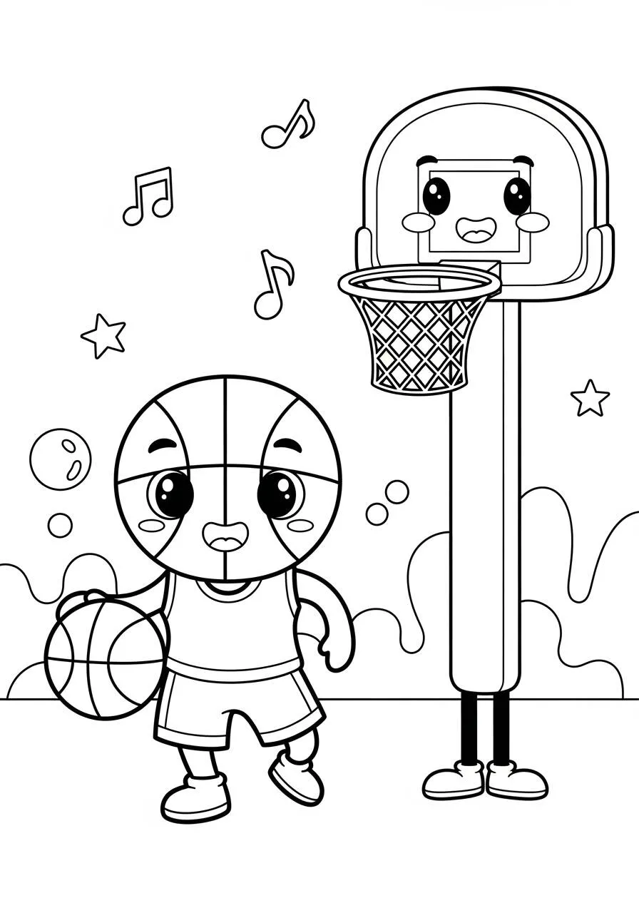 Página para colorear de baloncesto con niño y canasta