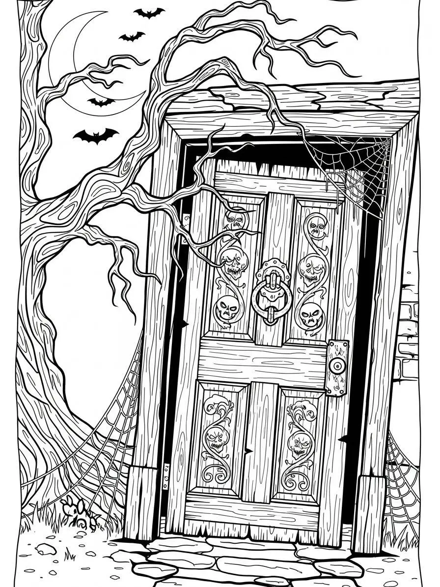Desenho de Casa Assombrada com Porta Misteriosa para Colorir