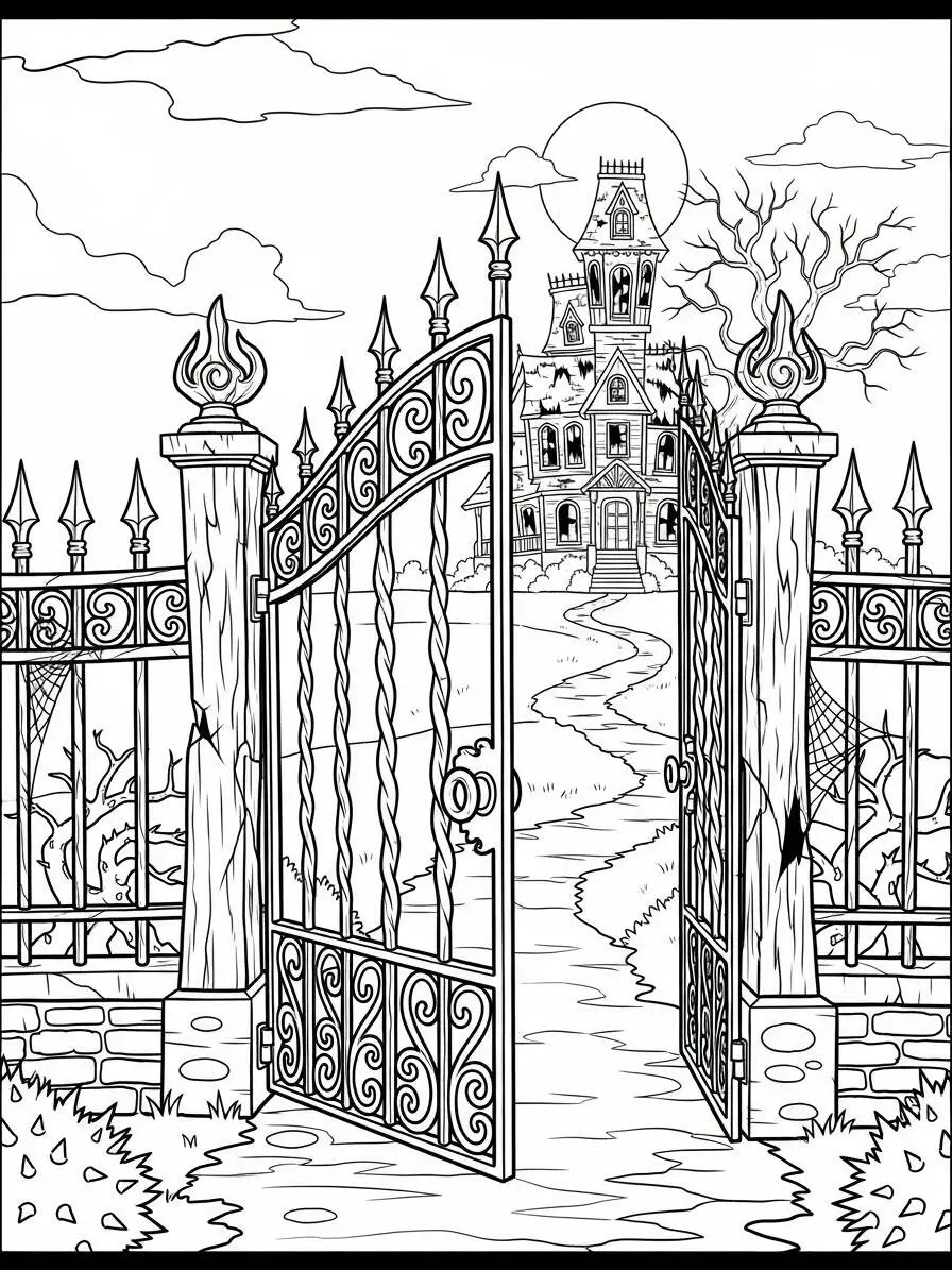 Desenho de Casa Assombrada com Portão Abertos para Colorir