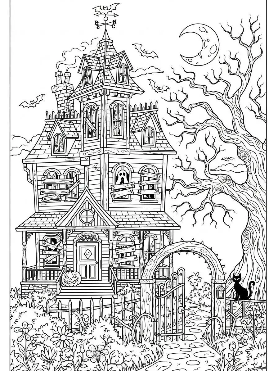 Desenho de Casa Assombrada com Gato Preto e Fantasmas para Colorir