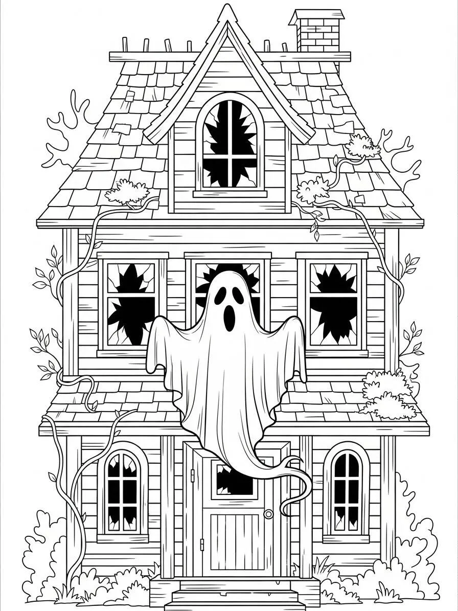 Desenho de Casa Assombrada com Fantasma para Colorir