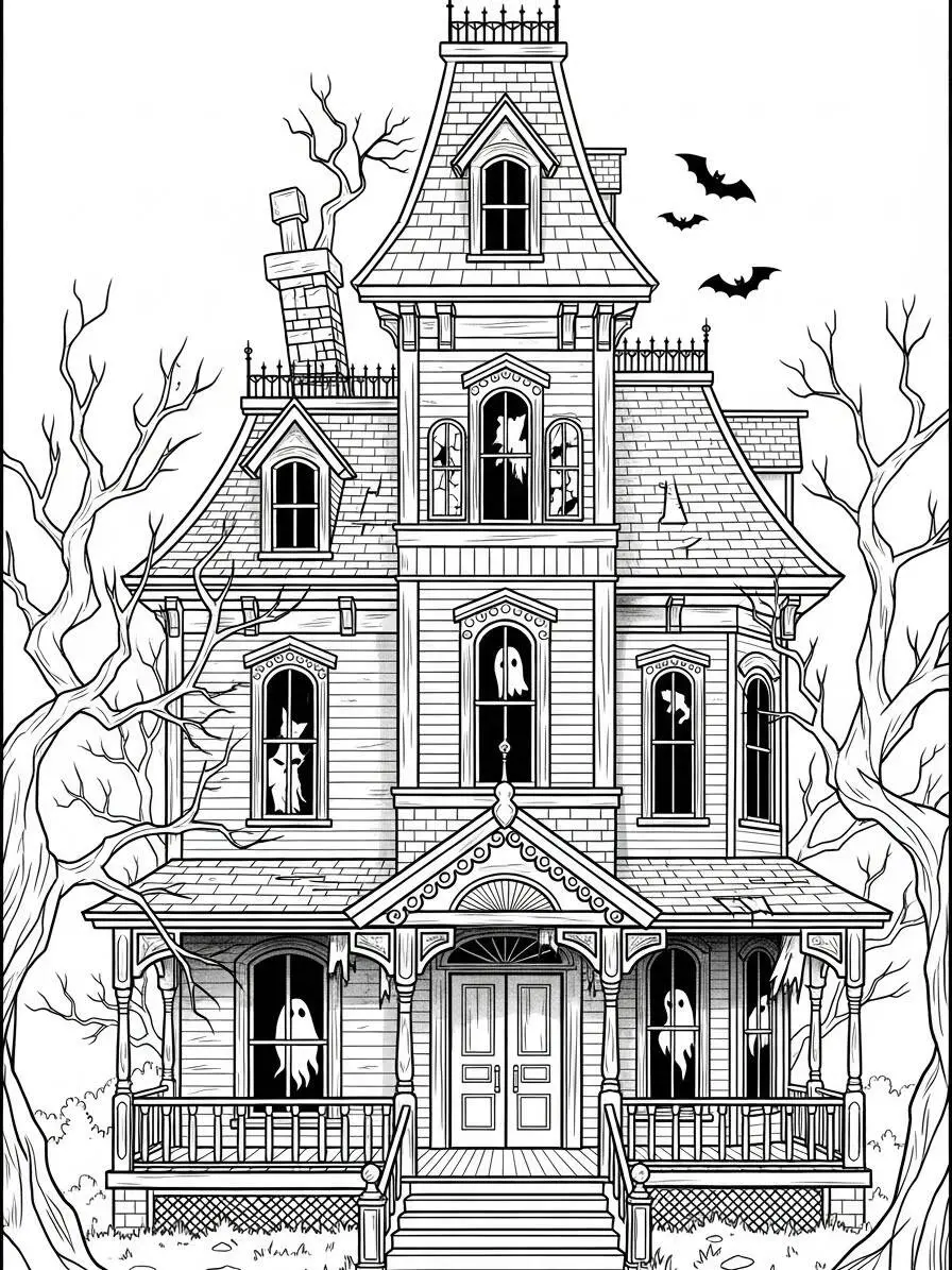 Dibujo para colorear de casa encantada con fantasmas y murciélagos