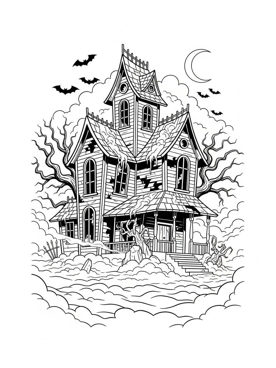Página para colorear de casa encantada con murciélagos y fantasmas